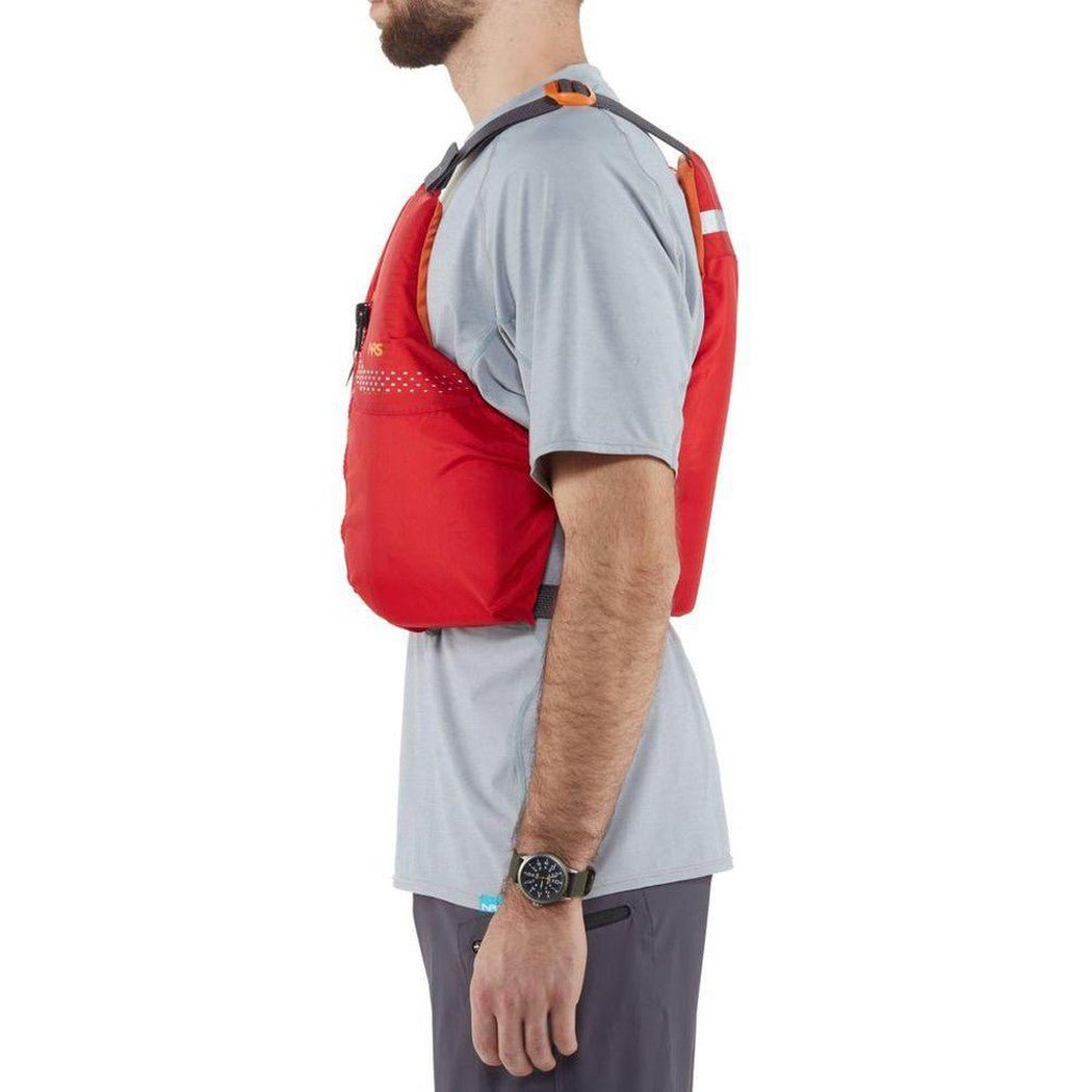 Side view of the NRS Vista PFD in Red on a model against a white background.