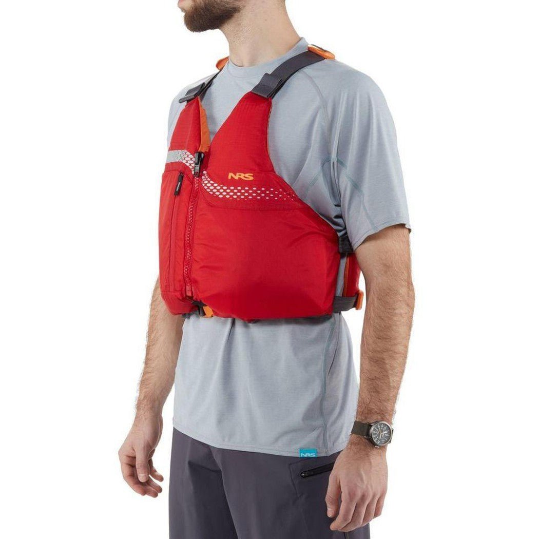A man wearing a red NRS Vista PFD in a side view against a white background.