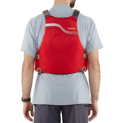 Back view of the NRS Vista PFD in Red worn by a man against a white background.