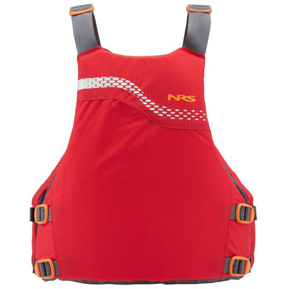 A red NRS Vista PFD with gray straps and orange buckles displayed against a white background.