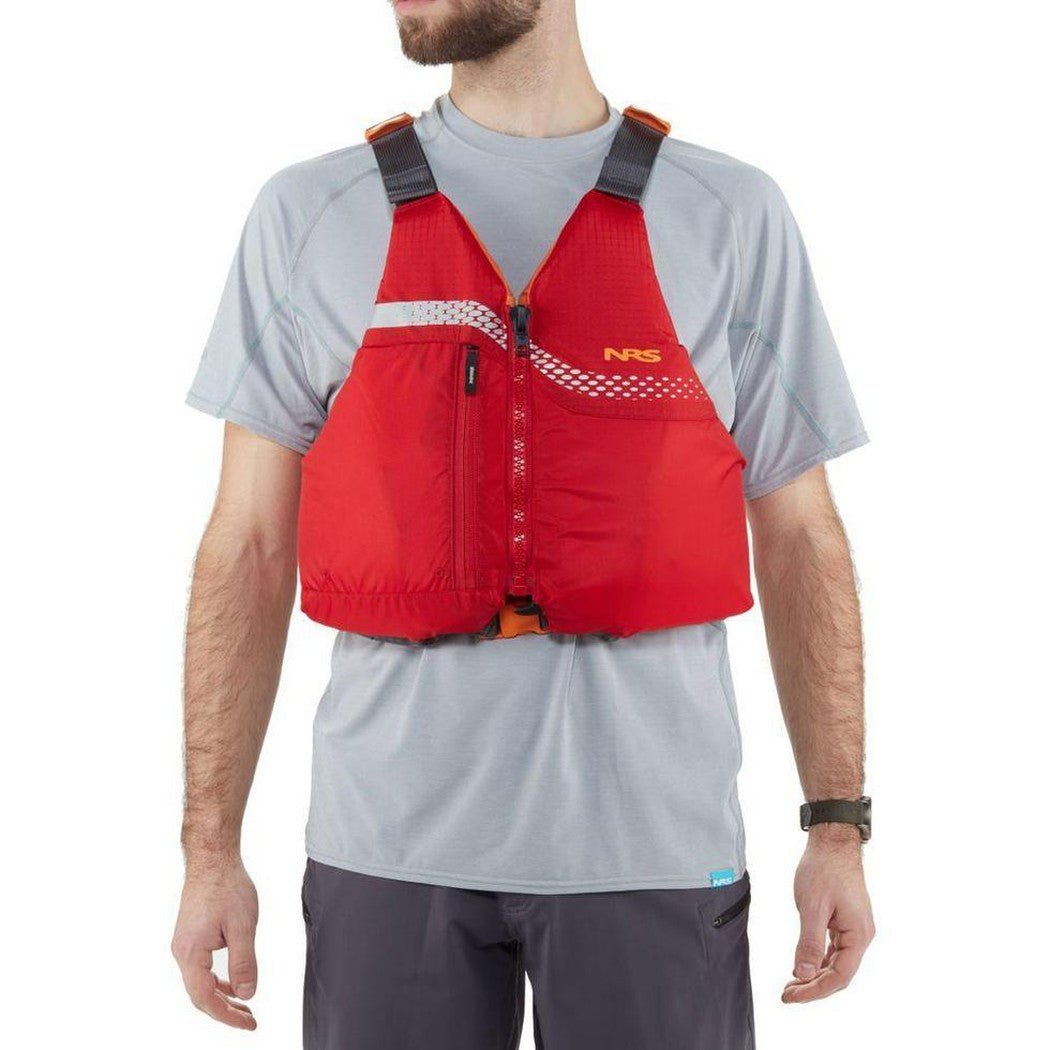 A man wearing a red NRS Vista PFD against a white background.