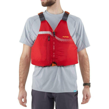 A man wearing a red NRS Vista PFD against a white background.
