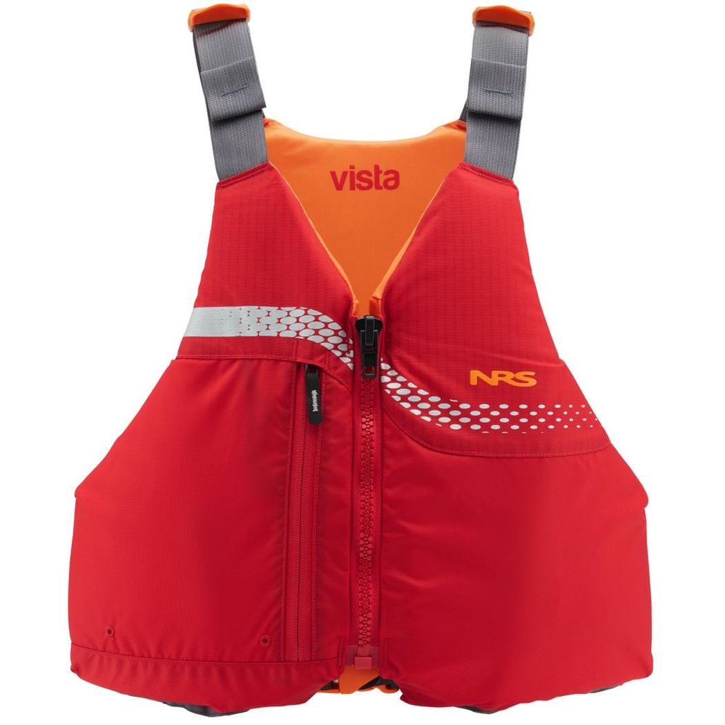 A front view of the red NRS Vista PFD with gray straps and an orange interior against a white background.