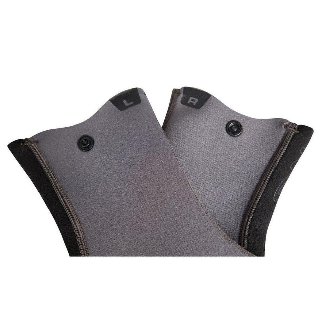 The NRS Wetsocks in Charcoal/Graphite show the left and right foot zippers and buttons against a white background.