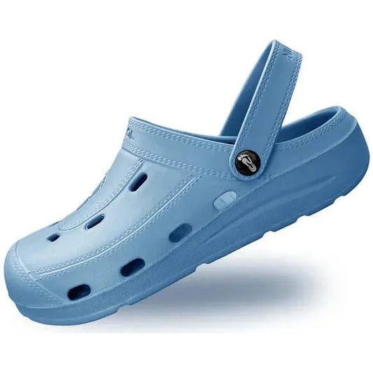 Side view of the NuuSol Kid's McCall Clog in Blue Horizon showing the strap and ventilation holes against a white background.