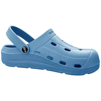 Side view of the NuuSol Kid's McCall Clog in Blue Horizon showing the adjustable strap and perforated design against a white background.