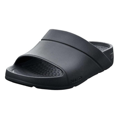 A side view of the NuuSol Men's Sawtooth Slide in Eclipse Black showing the textured footbed and a white background.