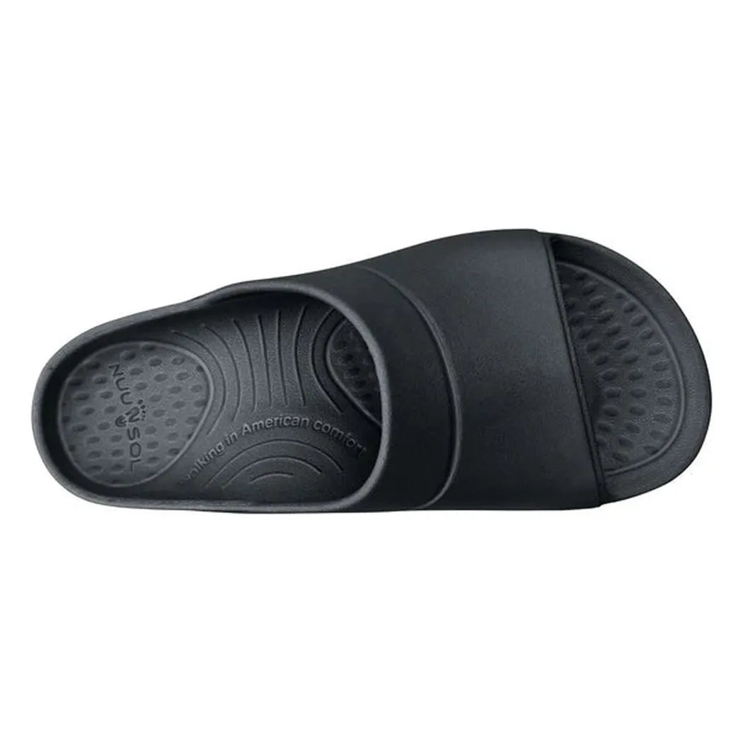 A top-down view of the NuuSol Men's Sawtooth Slide in Eclipse Black, showing the textured footbed and strap design against a white background.