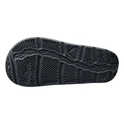 The sole of the NuuSol Men's Sawtooth Slide in Eclipse Black, showing the tread pattern and "Made in the USA" text against a white background.