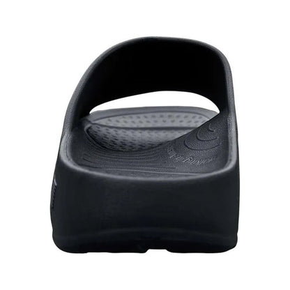 Back view of the NuuSol Men's Sawtooth Slide in Eclipse Black showing the contoured footbed and open heel strap against a white background.