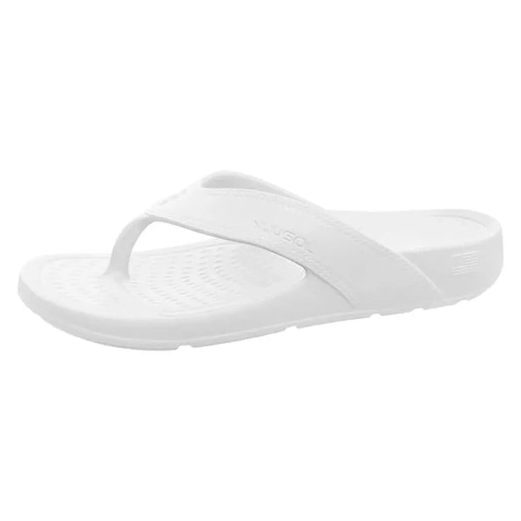 A side view of the NuuSol Womens Cascade Flip Flop in Driftwood showing the textured footbed and thong strap against a white background.
