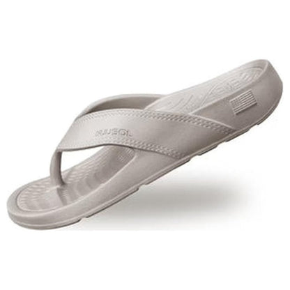 Side view of the NuuSol Womens Cascade Flip Flop in Driftwood showing the textured footbed and stitching against a white background.