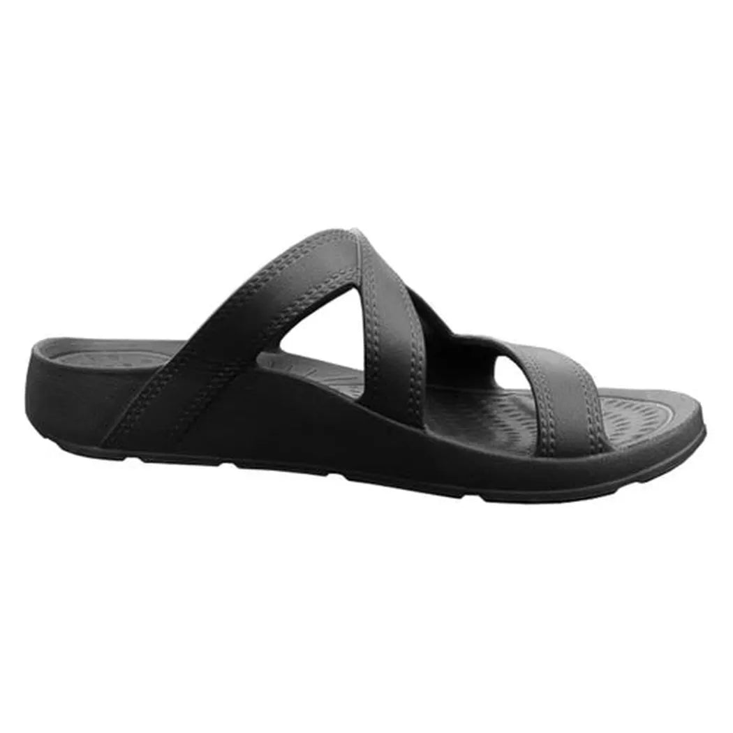 Side view of the NuuSol Women's Hailey Slide in Blue Horizon showing the crisscross straps and textured footbed against a white background.