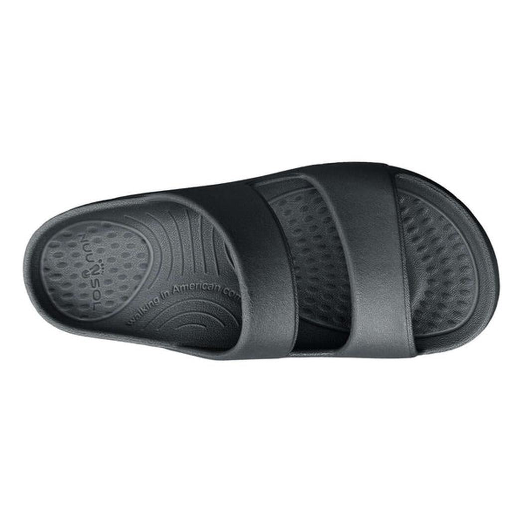 Top view of the NuuSol Women's Sun Valley Slide in Driftwood showing the textured footbed and strap design against a white background.