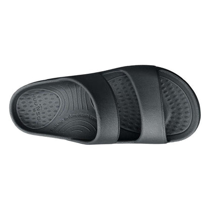 Top view of the NuuSol Women's Sun Valley Slide in Driftwood showing the textured footbed and strap design against a white background.