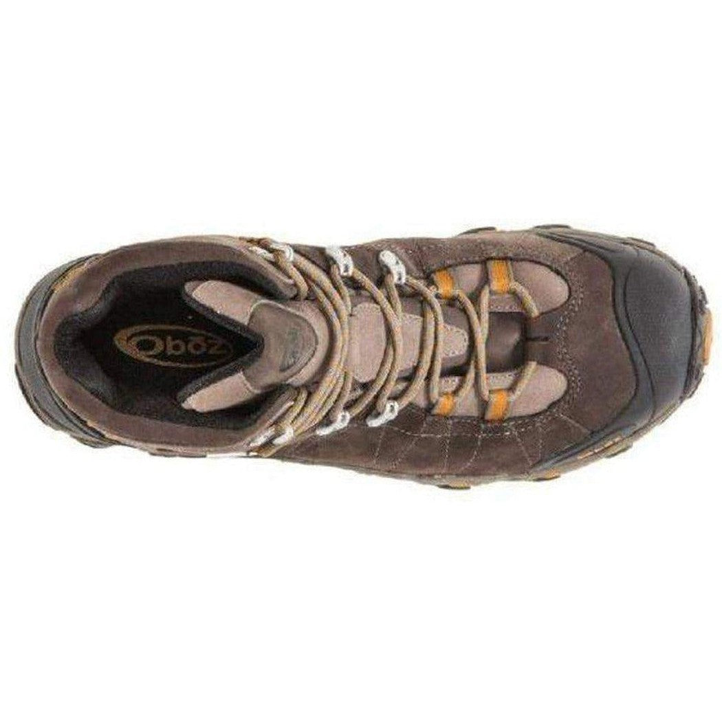 Top view of the Oboz Men's Bridger Mid B-DRY boot in Sudan color showing laces and tongue against a white background.