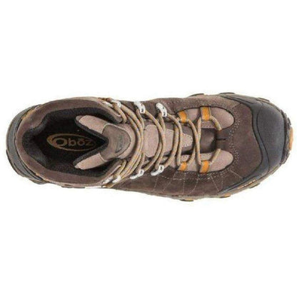 Top view of the Oboz Men's Bridger Mid B-DRY boot in Sudan color showing laces and tongue against a white background.