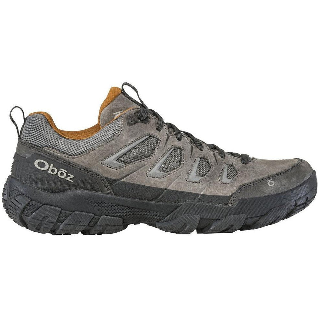 Side view of the Oboz Men's Sawtooth X Low in Hazy Gray showing the lugged outsole against a white background.