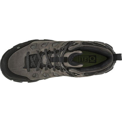 Top view of the Oboz Men's Sawtooth X Mid B-Dry boot in Charcoal showing the lacing system and interior branding against a white background.