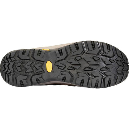 The sole of the Oboz Sawtooth Ascent Mid B-DRY boot in Charcoal is shown from below, with a yellow accent and rugged tread pattern against a white background.