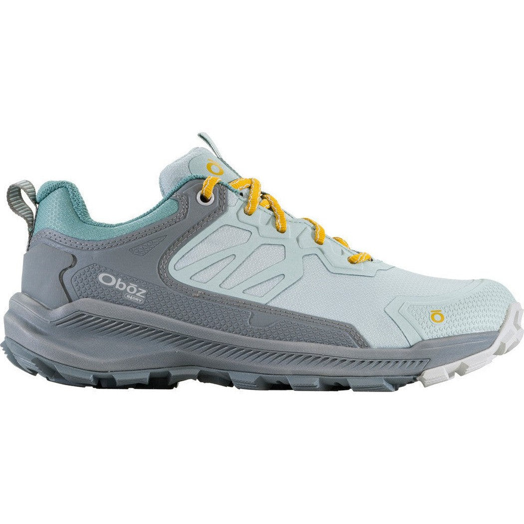 Side view of the Oboz Women's Katabatic Low B-DRY in Glacier showing the lugged outsole against a white background.