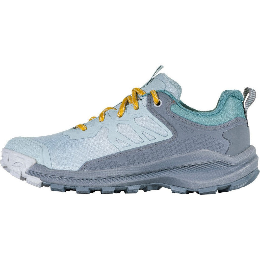 Side view of the Oboz Women's Katabatic Low B-DRY in Glacier showing the lugged outsole against a white background.