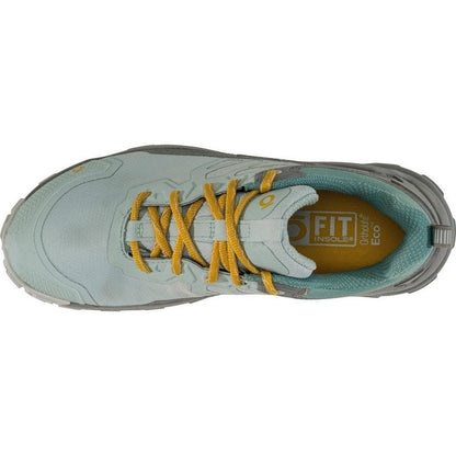Top view of the Oboz Women's Katabatic Low B-DRY in Glacier showing yellow laces and a teal interior against a white background.