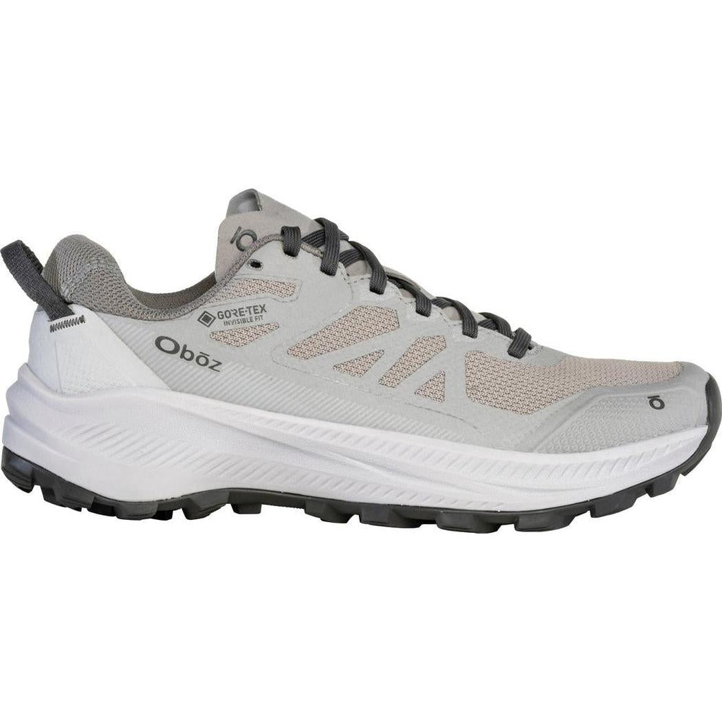 Side view of the Oboz Women's Katabatic LT Low GTX Waterproof in Drizzle showing the lugged outsole against a white background.