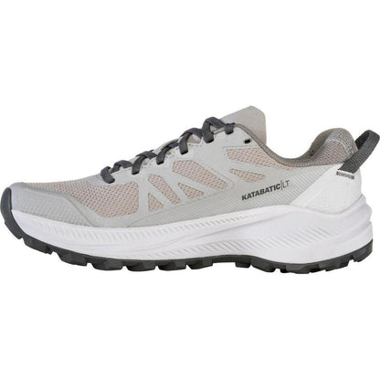 Side view of the Oboz Women's Katabatic LT Low GTX Waterproof in Drizzle showing the lugged outsole against a white background.