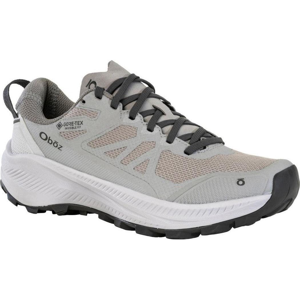 Side view of the Oboz Women's Katabatic LT Low GTX Waterproof in Drizzle showing the mesh upper and lugged outsole against a white background.