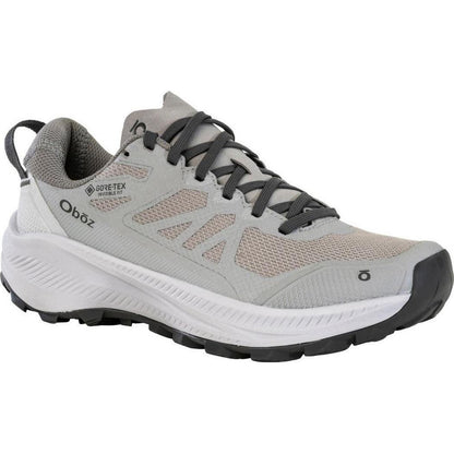 Side view of the Oboz Women's Katabatic LT Low GTX Waterproof in Drizzle showing the mesh upper and lugged outsole against a white background.