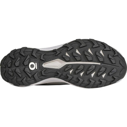 The sole of the Oboz Women's Katabatic LT Low GTX Waterproof shoe in Drizzle is shown from above, displaying the lugged tread pattern and a white midsole accent.