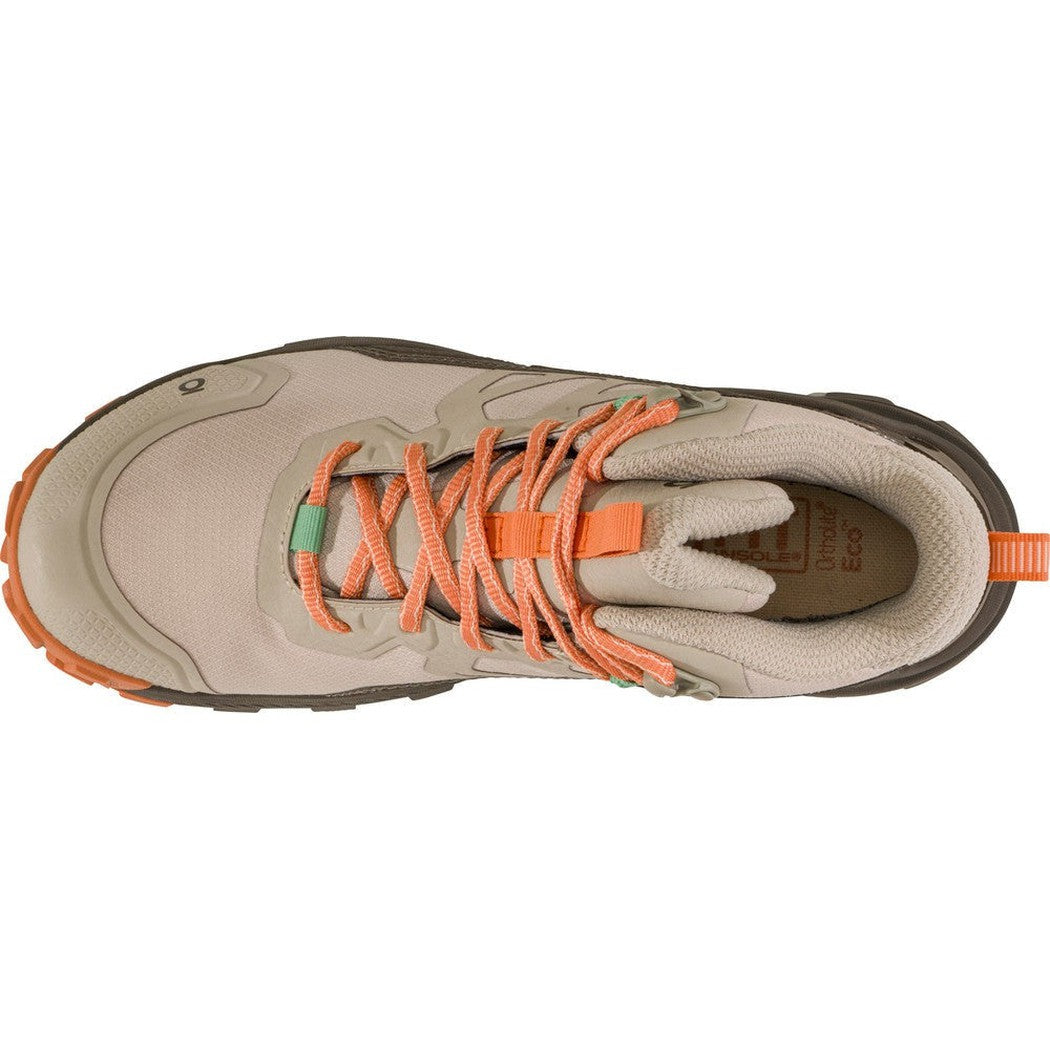 Top view of the Oboz Women's Katabatic Mid B-DRY in Rockfall with orange laces and a white interior against a white background.