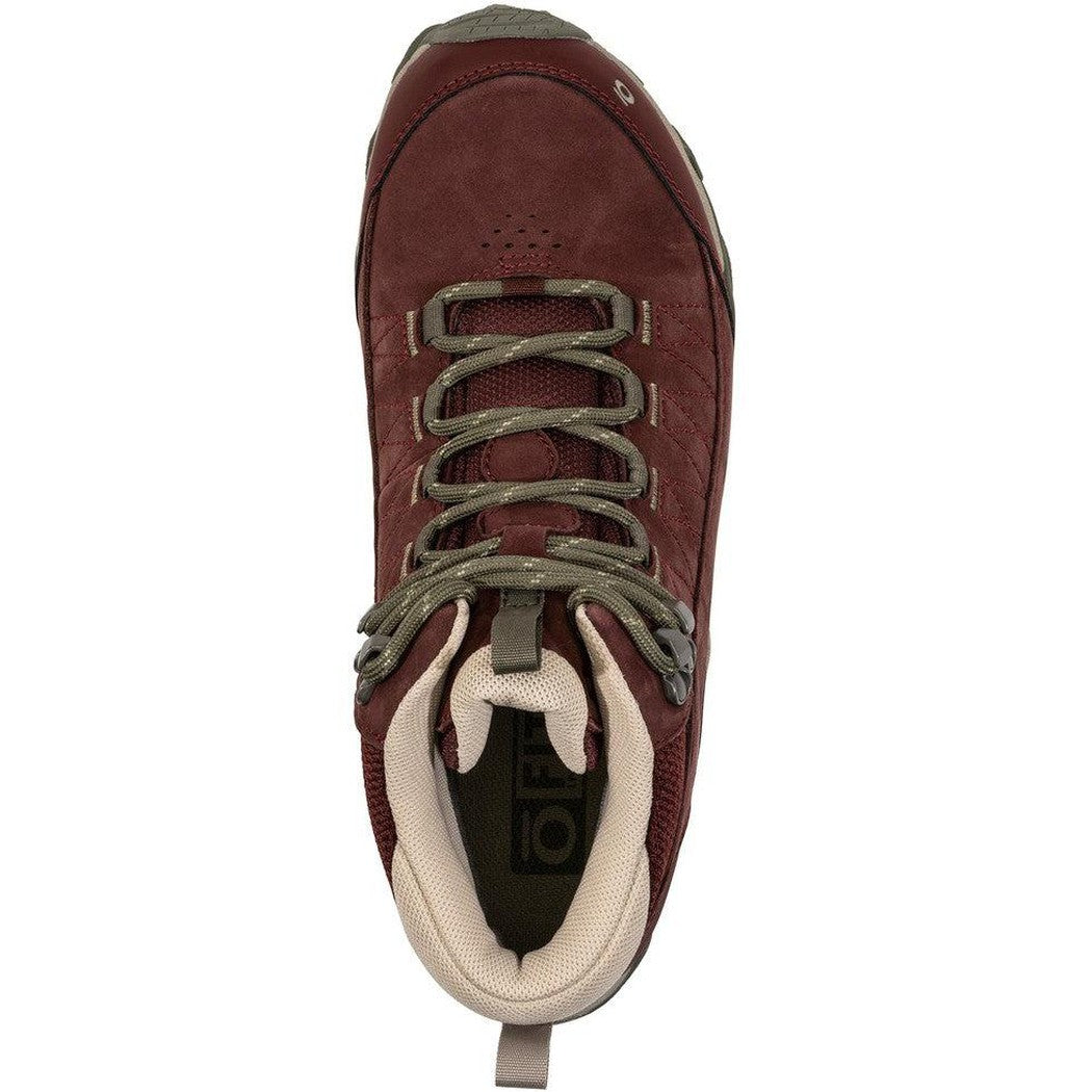 Top view of the Oboz Women's Ousel Mid B-Dry boot in Port showing the laces and tongue against a white background.