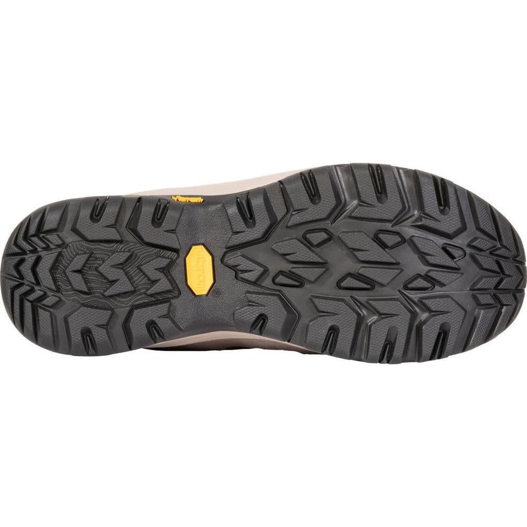 The sole of the Oboz Women's Sawtooth Ascent Low B-DRY in Rockfall is shown from below, displaying the lugged tread pattern against a white background.