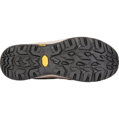 The sole of the Oboz Women's Sawtooth Ascent Low B-DRY in Rockfall is shown from below, displaying the lugged tread pattern against a white background.