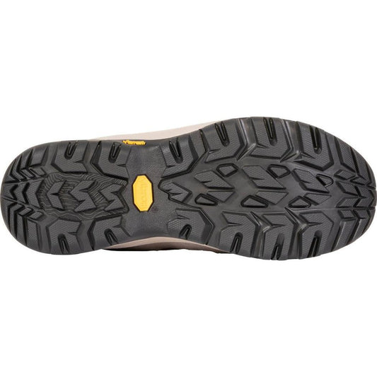 The sole of the Oboz Women's Sawtooth Ascent Low B-DRY in Rockfall is shown from below, displaying the lugged tread pattern against a white background.