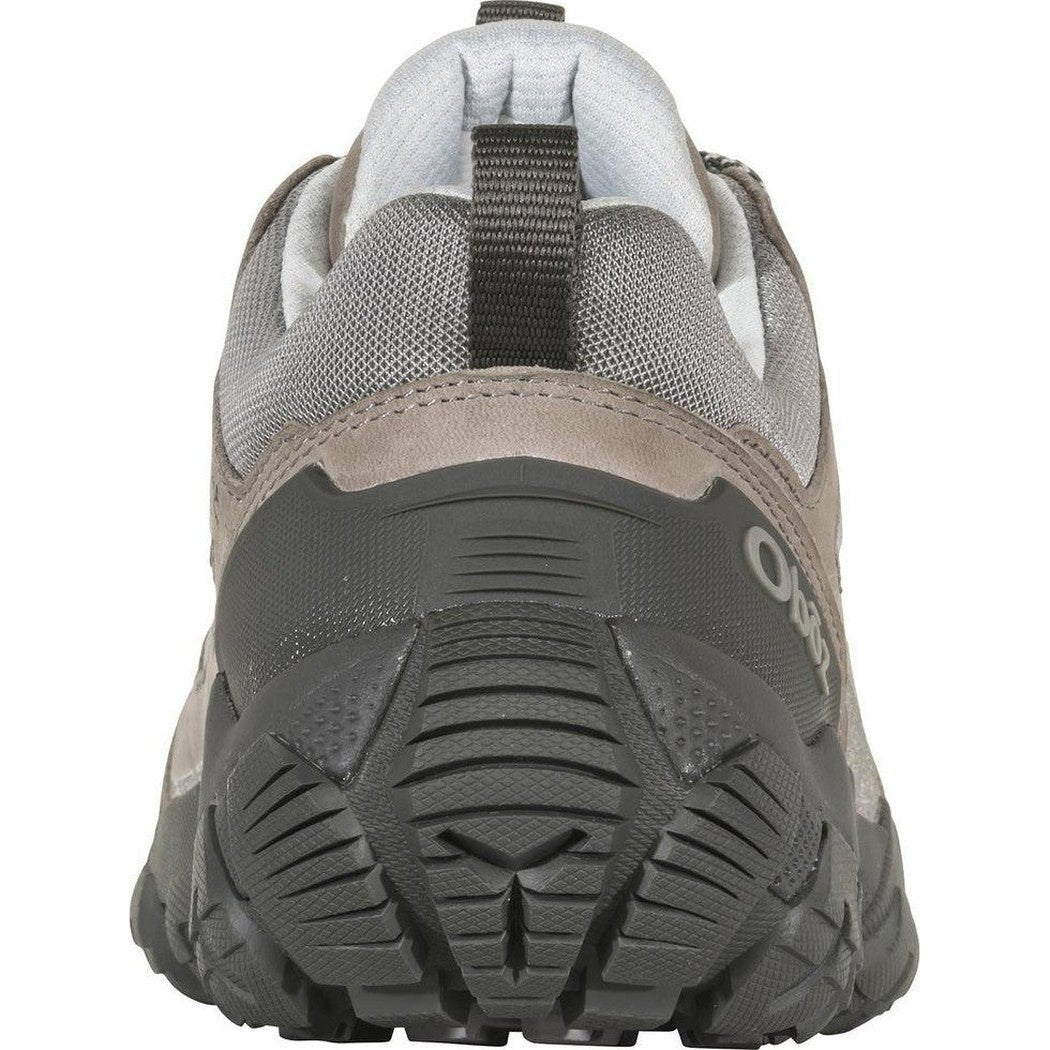 Back view of the Oboz Women's Sawtooth X Low B-Dry in Hazy Gray showing the rugged outsole and heel counter against a white background.