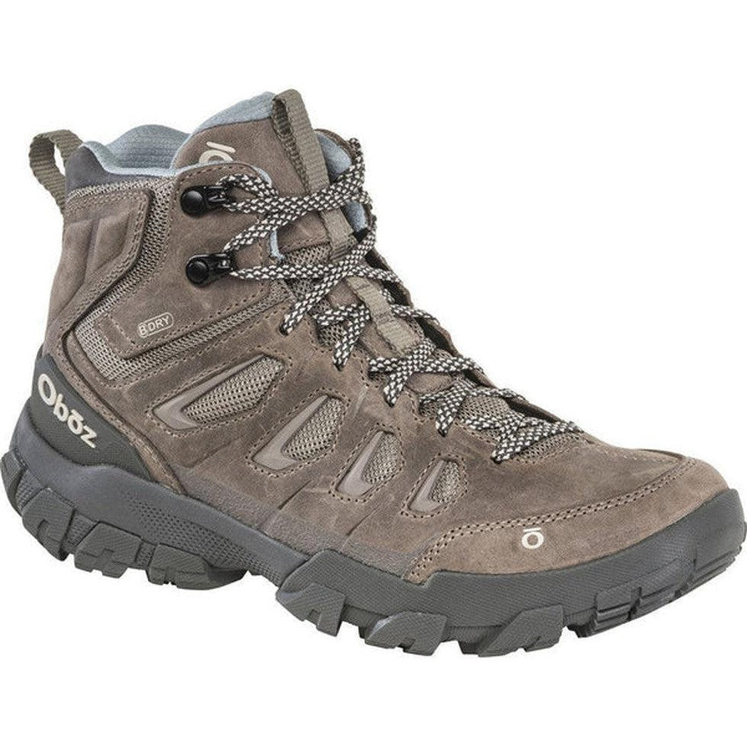 Side view of the Oboz Women's Sawtooth X Mid B-Dry in Rockfall showing the lugged outsole against a white background.