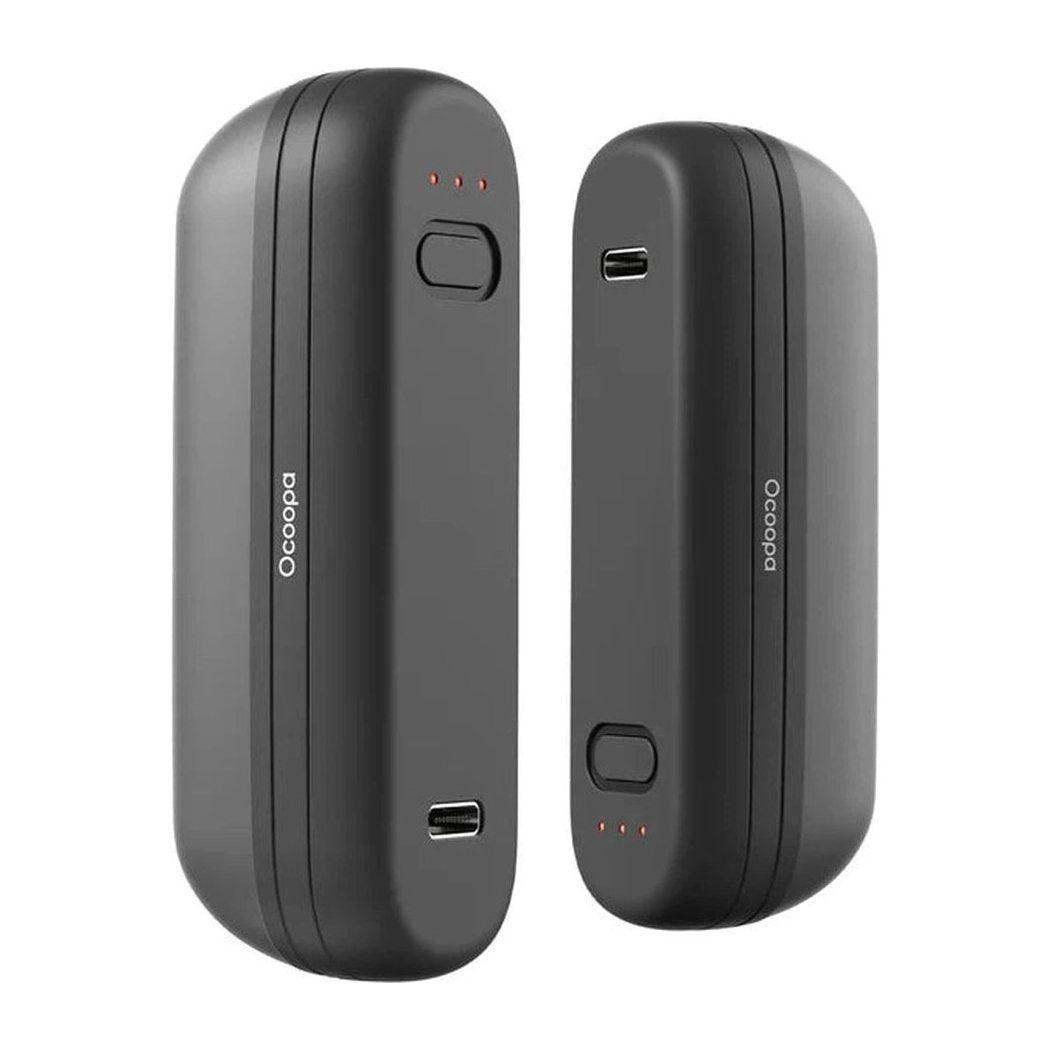 Side view of the Ocoopa UT2S Mini Hand Warmer Rechargeable in Black showing the power button and USB ports against a white background.