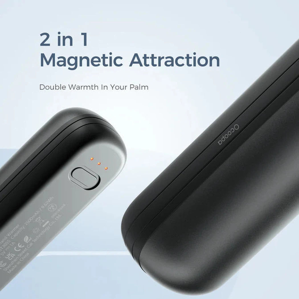 Side view of the Ocoopa UT2S Mini Hand Warmer Rechargeable in Black showing the magnetic attraction feature against a light blue background.