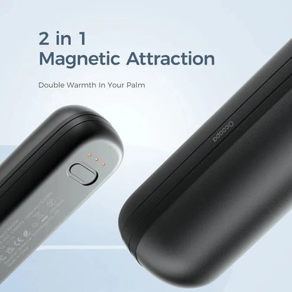 Side view of the Ocoopa UT2S Mini Hand Warmer Rechargeable in Black showing the magnetic attraction feature against a light blue background.