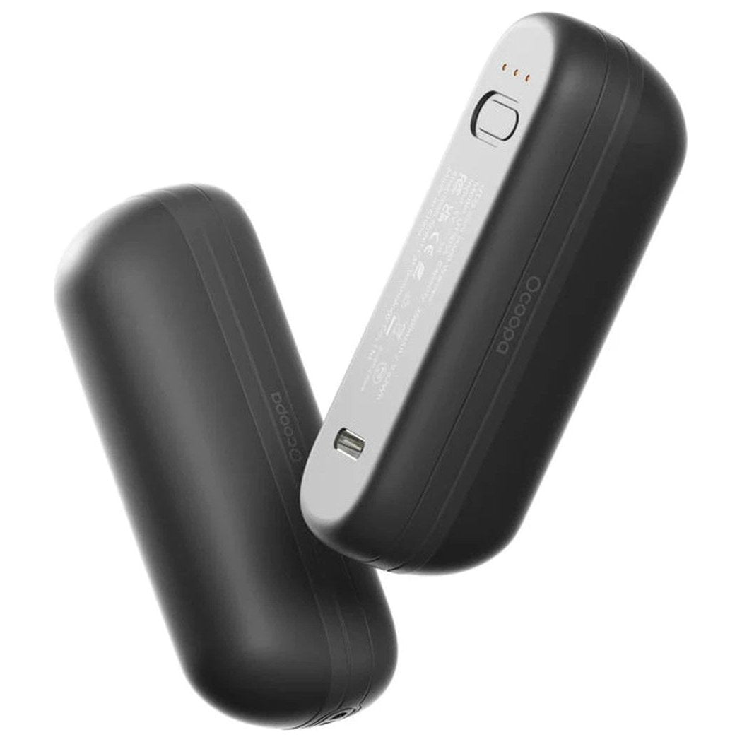 Side view of the Ocoopa UT2S Mini Hand Warmer Rechargeable in Black showing the power button and USB port against a white background.