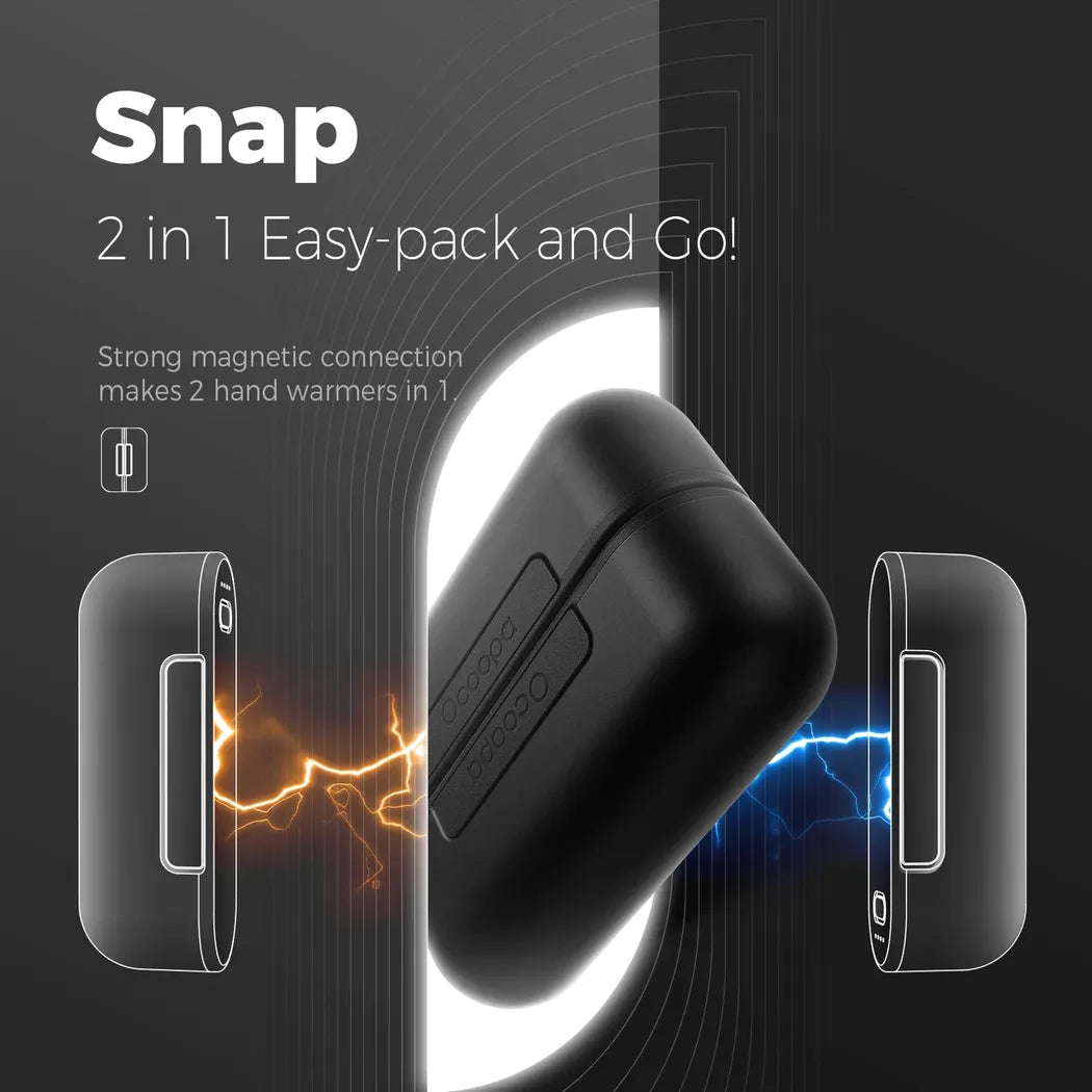 The Snap 2 in 1 Easy-pack and Go black rechargeable hand warmer shows its strong magnetic connection between two halves against a dark background.
