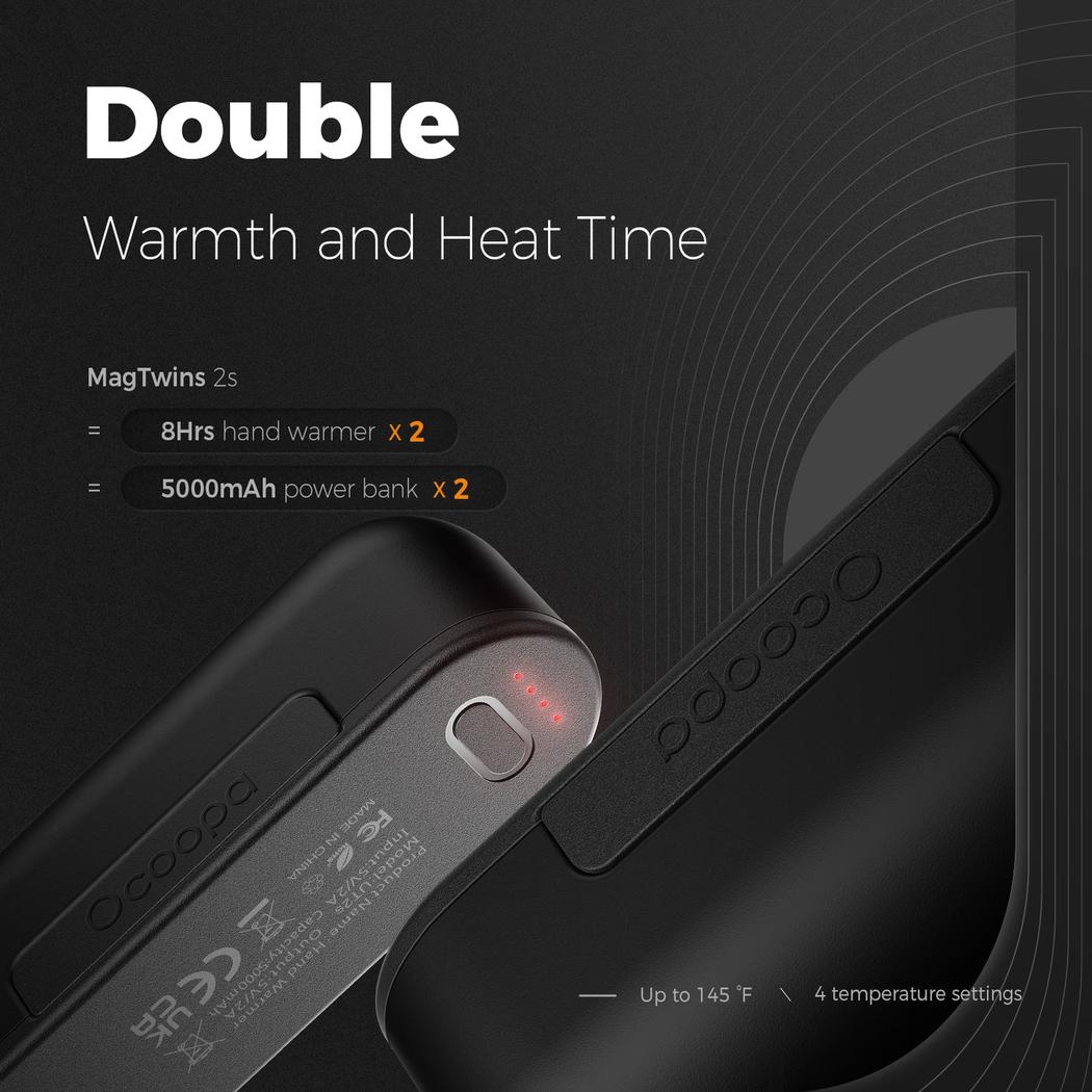 Side view of the Ocoopa UT2s Rechargeable Hand Warmer in Black showing the power button and branding against a dark background.