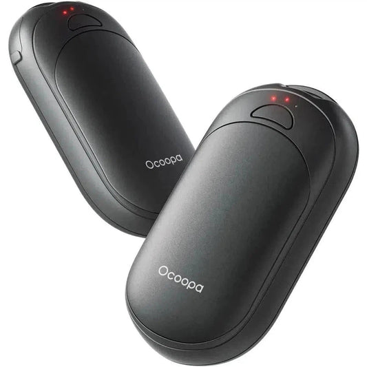Two black Ocoopa UT3 Lite hand warmers with red indicator lights, shown from a side angle against a white background.