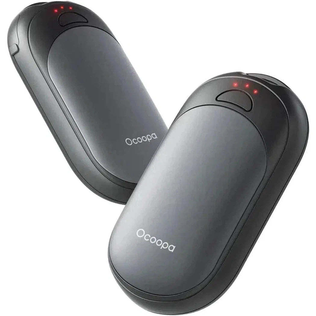 Two black Ocoopa UT3 Lite hand warmers with red indicator lights are shown from a side angle against a white background.