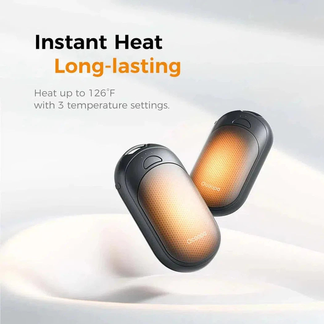 Two black Ocoopa UT3 Lite Hand Warmers glow with heat against a white background.