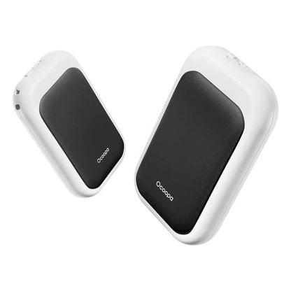 Two Ocoopa UT4 Young rechargeable hand warmers in black on black with white edges are shown from a side angle against a white background.