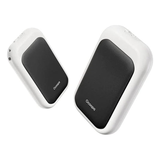Two Ocoopa UT4 Young rechargeable hand warmers in black on black with white edges are shown from a side angle against a white background.